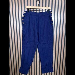 Vinyard Vines Pants 10 Womens Blue Navy 100% Linen Cropped Big Button Detail